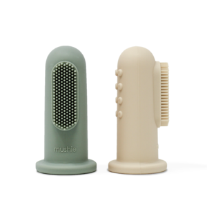 Mushie Finger Toothbrush, Shifting Sand/Cambridge Blue